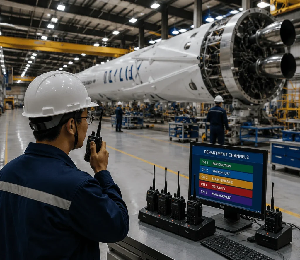 factory department coordination walkie talkie.webp