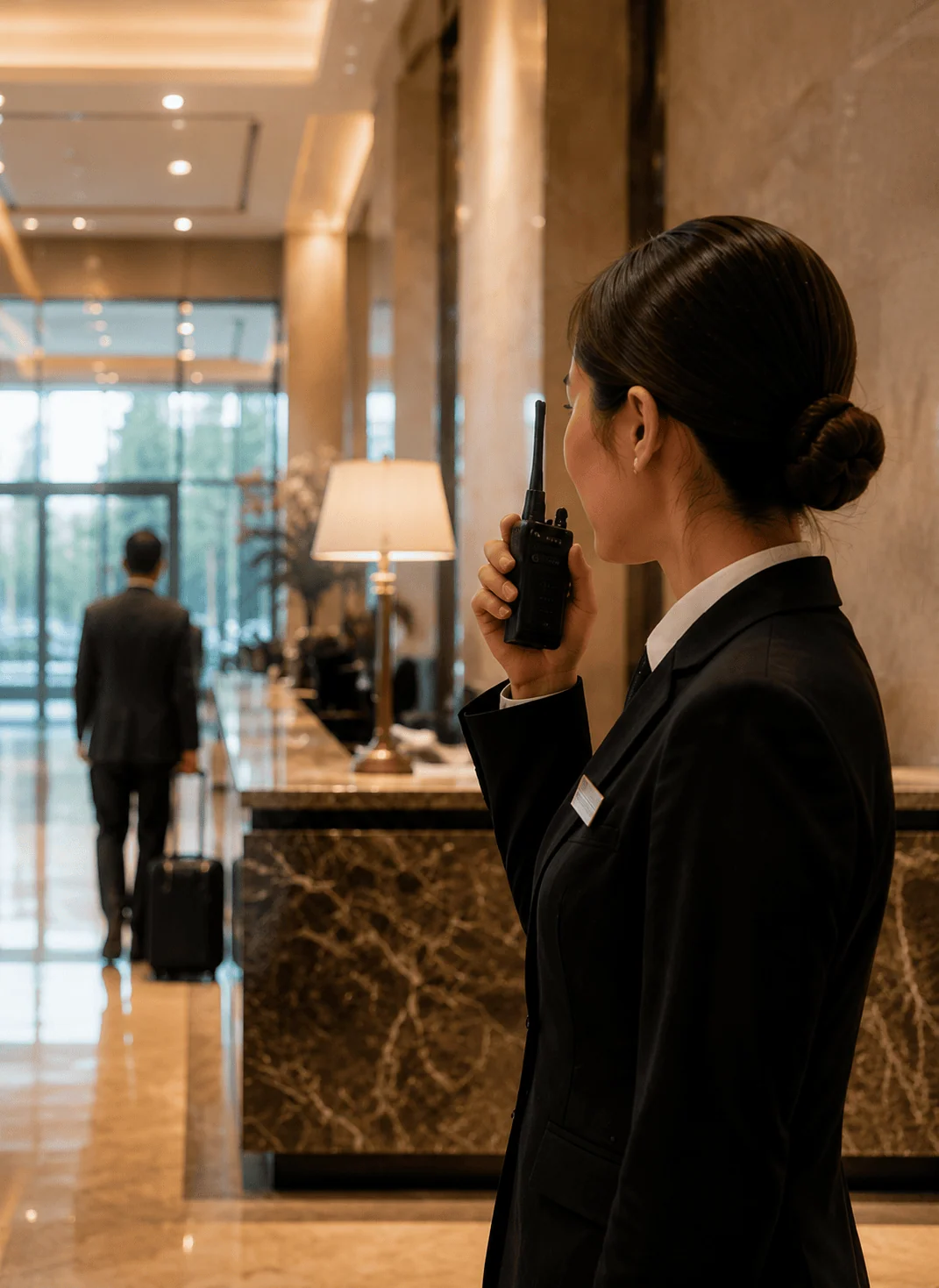 hotel staff walkie talkie communication.webp