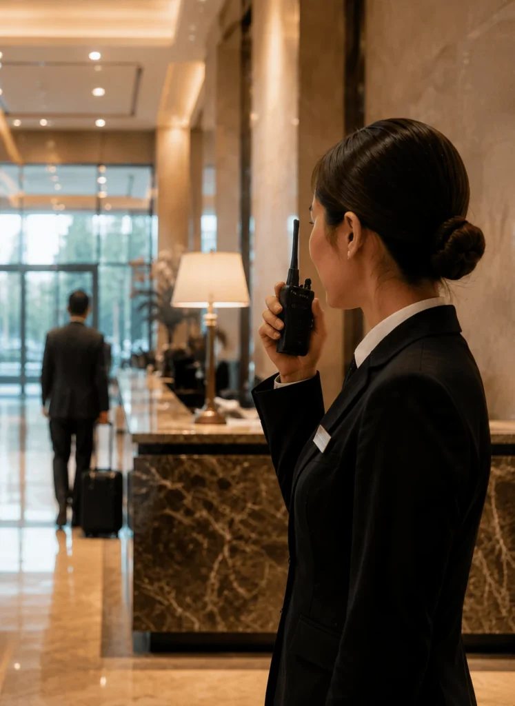 hotel staff walkie talkie communication.webp
