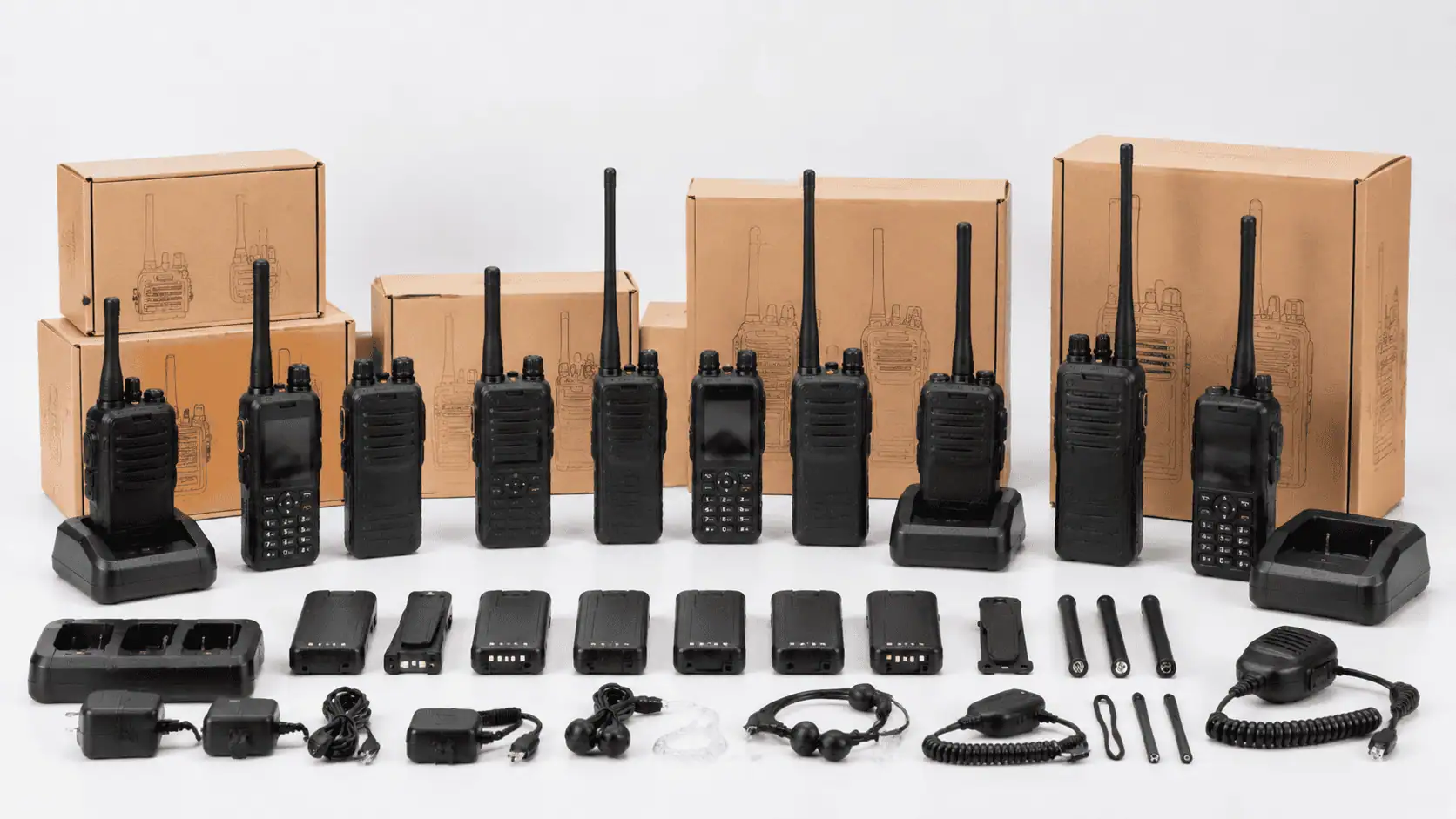 OEM walkie talkie product lineup with two way radios and accessories