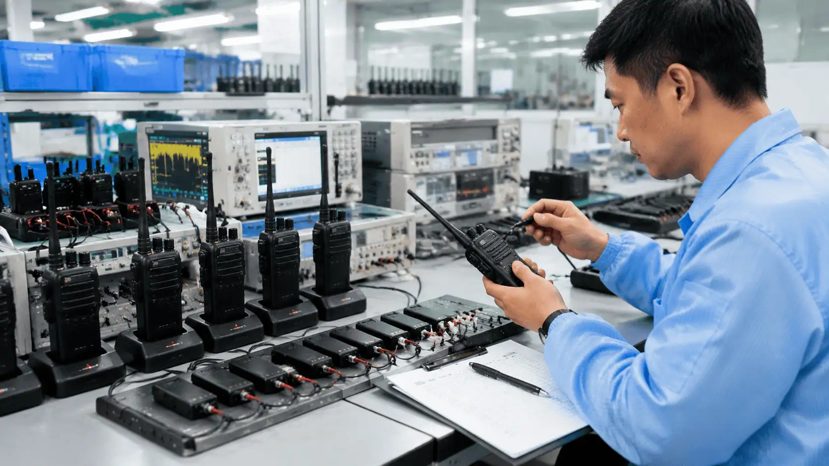 Quality control testing scene for two way radios