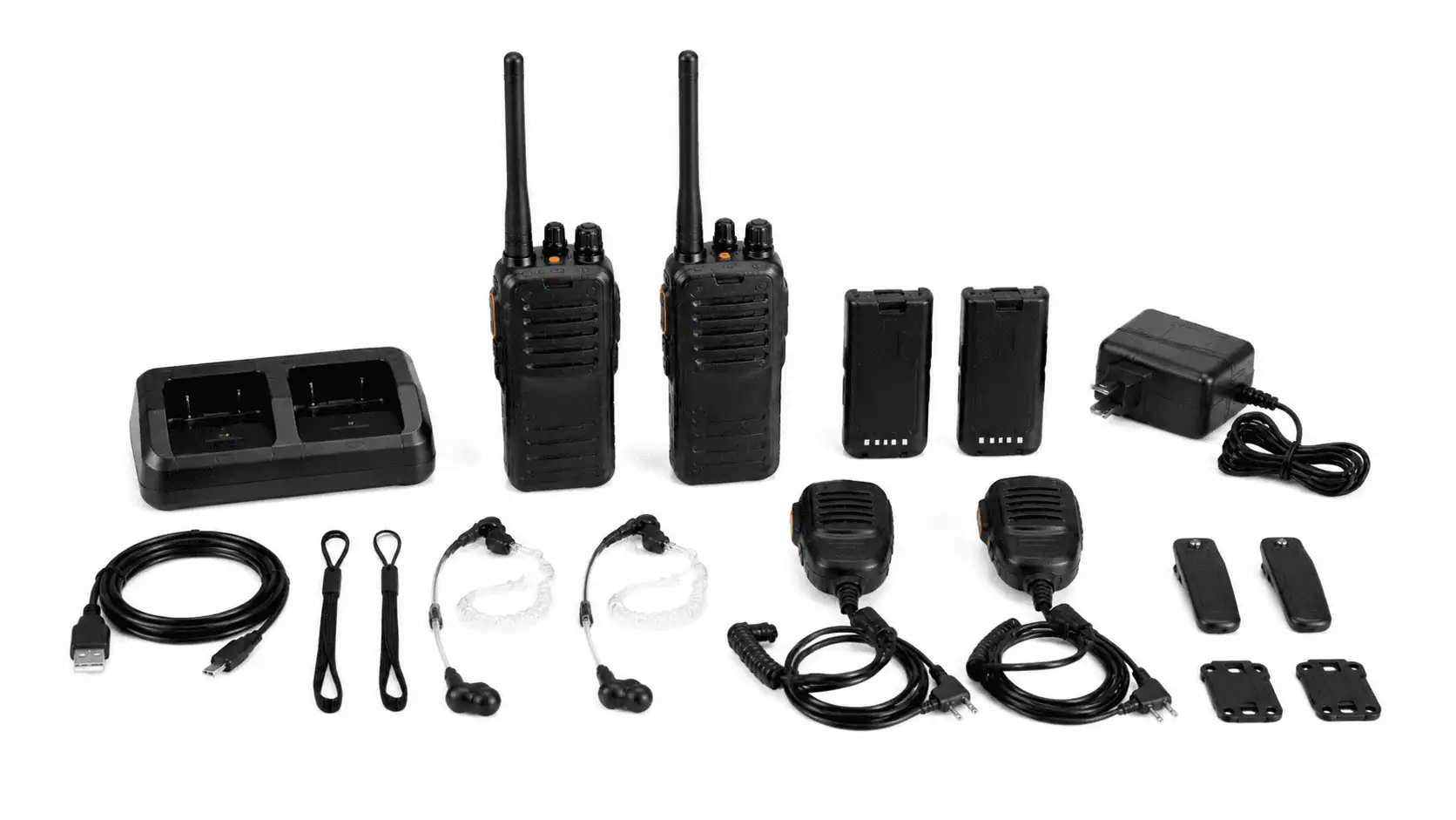 Analog walkie talkie kit with radios batteries chargers and earpieces