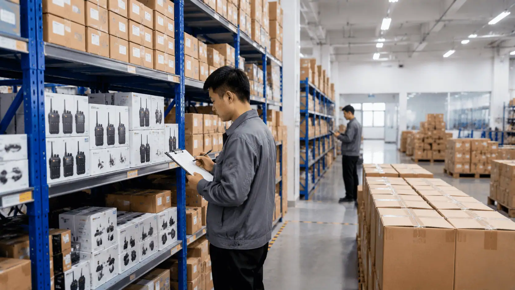 Walkie talkie manufacturer warehouse with boxed radios and accessories